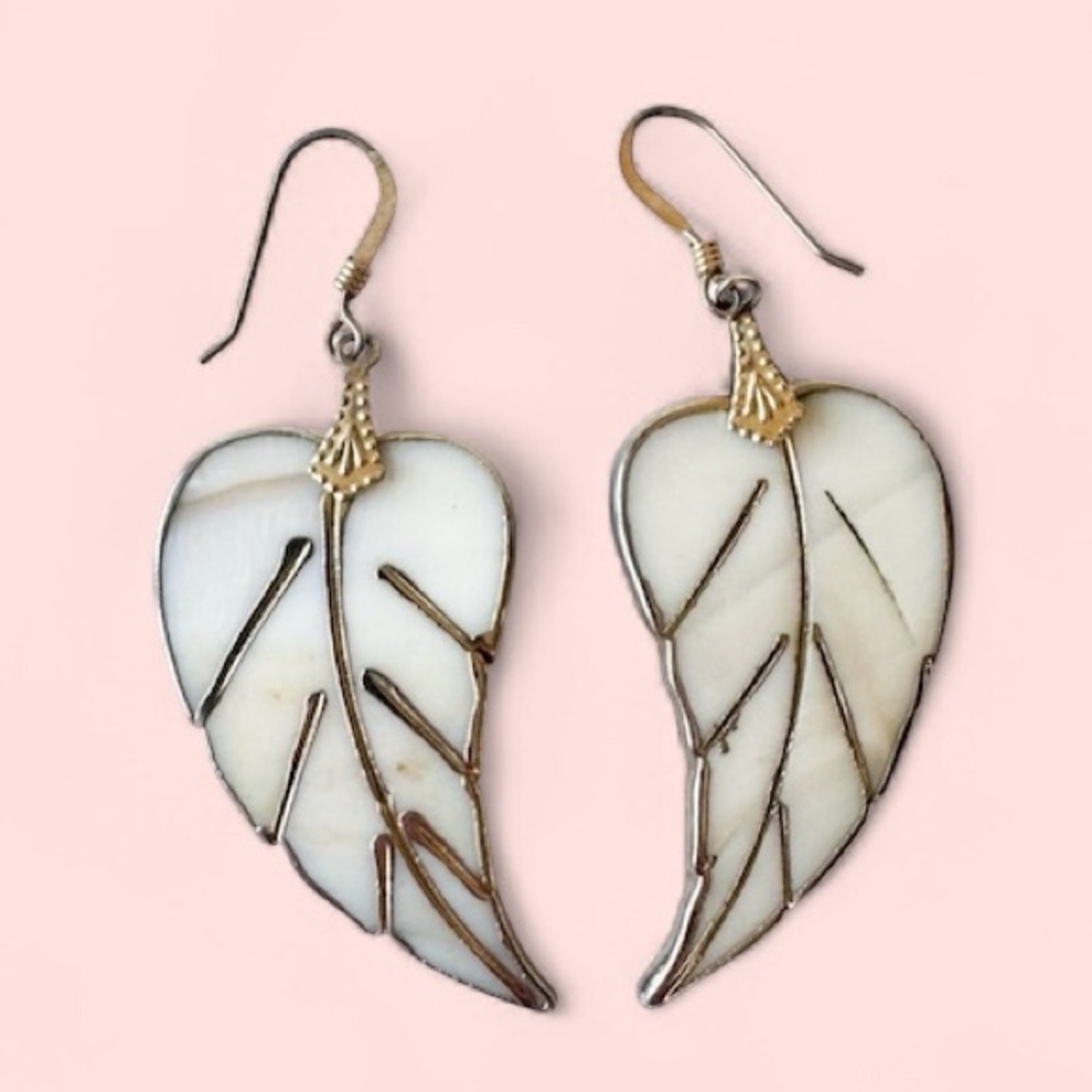 Vintage Genuine Mother of Pearl Leaf Dangle Earrings